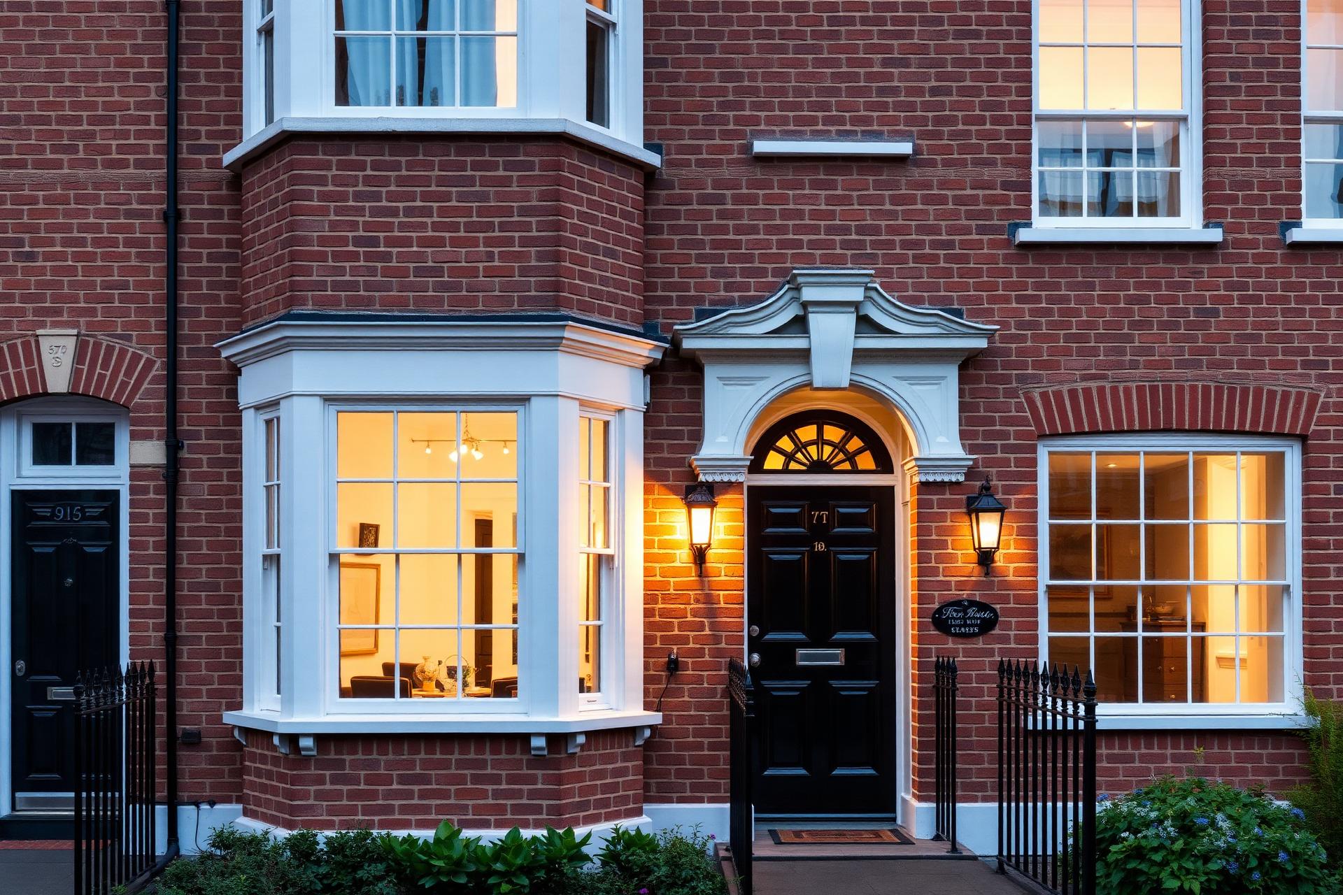 Elegant British Georgian townhouse at dusk with warm interior light — representative of properties in Norwich, Cambridge and Newmarket