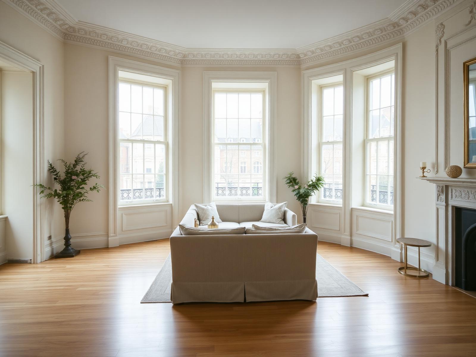 Beautifully staged British apartment interior with natural light and neutral tones